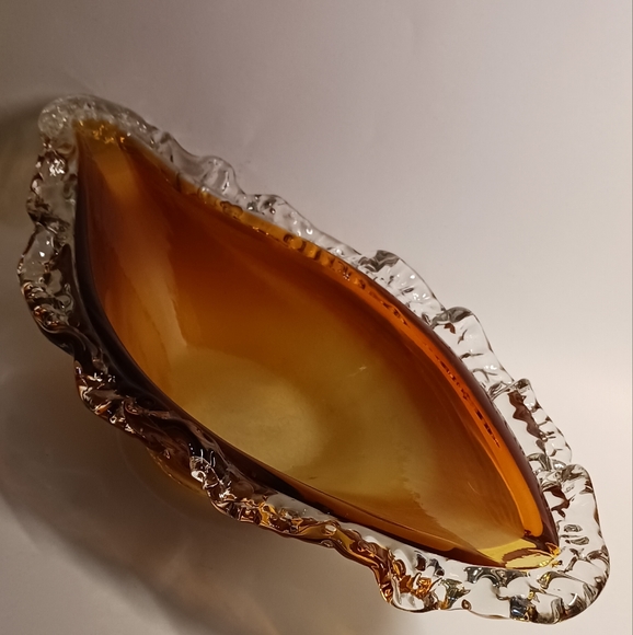 Vintage Hand Blown Orange Clear Ruffled Edge Glass Gondola Fruit Boat Bowl - Picture 3 of 7